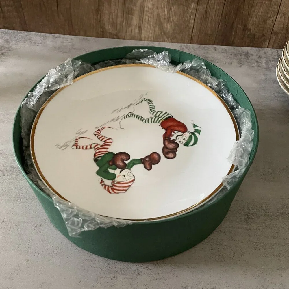 Restoration Hardware Christmas Naughty Elf 6 Salad Plates Boxed RARE Vintage
